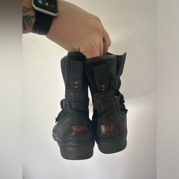 UGG Simmens Waterproof Leather Boots Black Buckle Belted Biker Moto - Picture 4 of 10